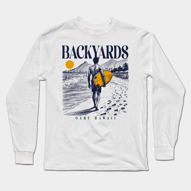 Vintage Surfing Backyards, Oahu, Hawaii // Retro Surfer Sketch // Surfer's Paradise Long Sleeve T-Shirt by Now Boarding